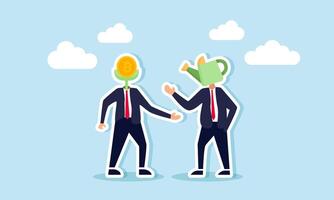 Two businessmen, one with a bitcoin plant head and the other with a watering can head, are talking, illustrating a discussion on bitcoin investment strategy vector