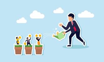 A businessman waters several pots containing businessmen holding bitcoin, illustrating maintenance and upgrading of productive human resources to enhance bitcoin investment vector