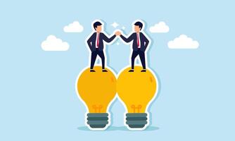 Two businessmen shaking hands on top of two light bulbs, illustration of partnership agreement in implementing shared ideas and innovations for business growth vector