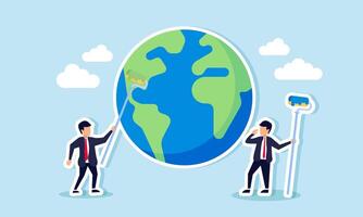 Two businessmen hold paintbrushes, coloring or updating the globe, illustrating evaluation and upgrades related to international or global-scale business performance vector