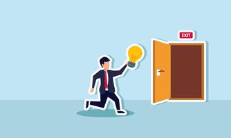 A businessman running toward the exit while holding a lamp, illustration of changing or updating business ideas and innovations to stay relevant with market trends vector