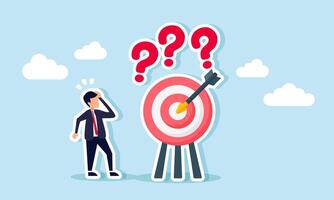 A businessman looks confused by a target board with a question mark above it, illustrating uncertainty in setting business targets and goals vector