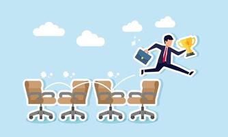 A businessman is jumping over a series of office chairs while holding a trophy, illustrating a step-by-step process in building the best business in his field vector