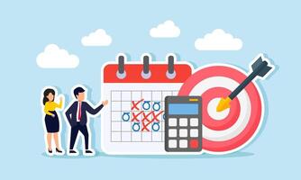 A business people standing next to a schedule calendar, target board, and calculator, illustration of explain time schedule and evaluation to business targets and calculations vector