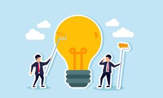 Two businessmen hold paintbrushes, coloring or updating a light, illustrating evaluation and upgrades of innovations and ideas being applied in business to stay relevant vector
