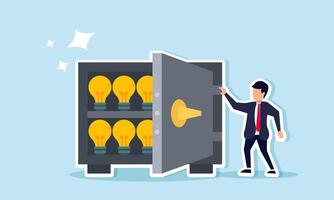 A businessman standing next to a safe filled with lights, illustration of maintaining innovation and business ideas to keep the company relevant to the market vector