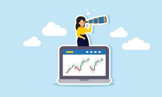 A businesswoman peering from behind a laptop displaying a stock or investment site, illustration of monitoring and analyzing investment stock valuation vector
