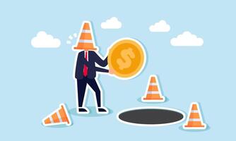 A businessman head is trapped in a traffic cone while holding dollar coins near a hole, illustrating how business assets are at risk of being seized and going bankrupt vector