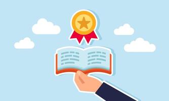 A hand opens a book containing an award medal, illustration of learning new insights to upgrade a business to become the best in its field vector