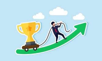 A businessman pulls a cart with a trophy up a rising green graph, illustration of effort and hard work in business to excel and be the best in the field vector