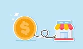 A store is connected by power cables from dollar coins, illustrating how stable capital and finances can create a resilient, thriving, and sustainable marketplace vector