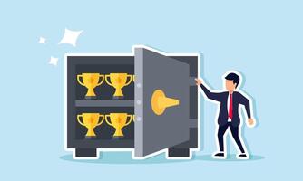 A businessman standing next to a safe filled with trophies, illustration of maintaining the title of best business vector