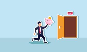 A businessman running toward the exit while holding a piggy bank, illustration of selling investment assets to gain profit vector