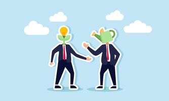 Two businessmen, one with a lightbulb plant head and the other with a watering can head, are talking, illustrating sharing and brainstorming to generate new business ideas and innovations vector