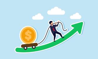 A businessman pulls a cart filled with dollar coins up a rising green graph, illustration of effort and hard work to grow investments vector