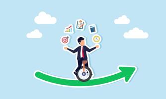 A businessman riding a unicycle on an upward green curve graph, juggling business management items, illustration of maintaining team management stability and efficiency vector