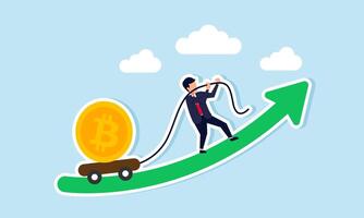 A businessman pulls a cart loaded with bitcoin up a rising green graph, illustration of effort and hard work to grow bitcoin investments vector