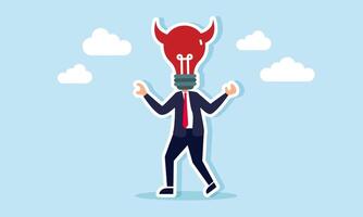 A businessman with a red lightbulb head and devil horns, illustration of an evil businessman with cunning ideas vector