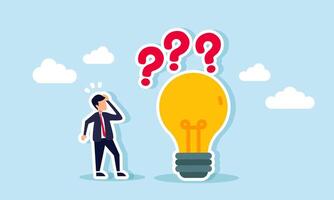 A businessman looks confused by a lit lamp with a question mark above it, illustrating uncertainty about using the right and relevant innovation and idea for business vector