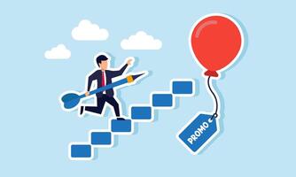 A businessman carrying a needle arrow climbing stairs to target a balloon with a promo label, illustration of effort to focus on obtaining stock at promotional prices vector