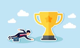 A businessman struggles, even crawling, to reach a trophy, illustration of working hard to earn recognition and awards from the market vector