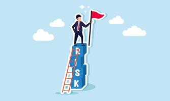 A businessman standing on a stack of boxes labeled RISK with a ladder, holding a red flag, illustration of success in business by taking risks to achieve significant profits vector