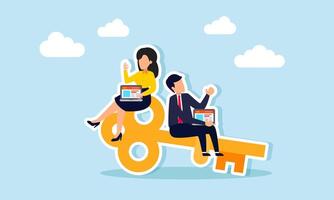 A businessman and businesswoman are sitting on a key while each holding a laptop, illustrating analysis and evaluation in searching for business problem solutions vector