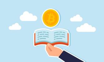 A hand opens a book containing a bitcoin, illustration of learning new insights to apply in bitcoin investment strategy vector