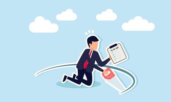 A businessman is cutting around with a saw while holding a to-do list board in the other hand, illustrating the risks taken in completing work tasks vector