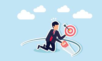 A businessman is cutting through a board with a saw while holding a target board in the other hand, illustrating the business risks taken to achieve business goals vector