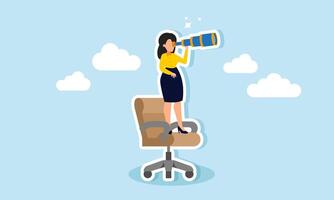 A businesswoman looking through binoculars from her office chair, illustration of monitoring team performance to ensure solid teamwork and collaboration vector