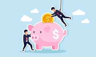 A businessman holding a piggy bank while another hangs inserting dollar coins into it, illustration of teamwork in making business investments vector