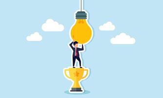 A businessman climbing a trophy as a step to fix a lamp, illustration of the best effort and dedication in obtaining business ideas and innovations vector