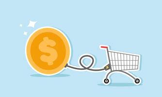 A shopping basket is connected by power cables from dollar coins, illustrating how stable capital and finances can be a key factor for stress-free business shopping vector