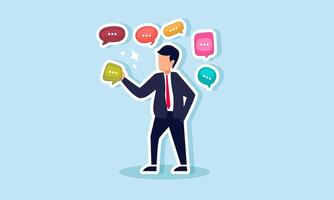 A businessman surrounded by chat dialogues, holding one, illustration of awareness in capturing market aspirations as input and feedback vector
