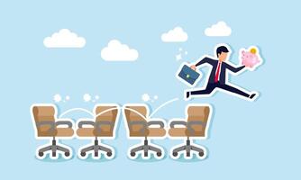 A businessman is jumping over a series of office chairs while holding a piggy bank, illustrating a step-by-step process in building investment assets for stable business finances vector