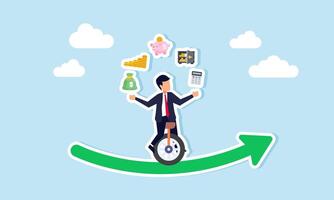 A businessman riding a unicycle on an upward green curve graph, juggling financial management items, illustration of maintaining business financial stability vector
