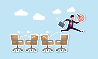 A businessman is jumping over a series of office chairs while holding a target board, illustrating a step-by-step approach to achieving business goals for improvement and growth vector