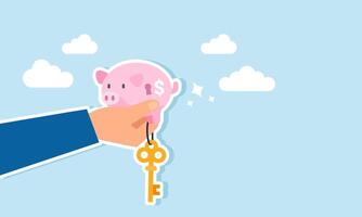 A hand holding a key-shaped piggy bank with a key, illustration of the key to success in investment vector
