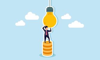 A businessman climbing a stack of coins as a step to fix a lamp, illustration of costs involved in acquiring and implementing business ideas vector