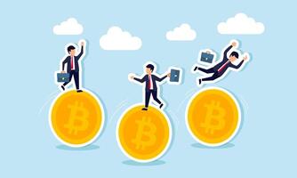 Businesspeople balancing on Bitcoin, some slipping, illustration of efforts to maintain financial stability in Bitcoin investments to avoid losses vector