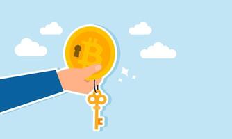 A hand holding a key-shaped Bitcoin with a key, illustration of the key to success in Bitcoin investment vector