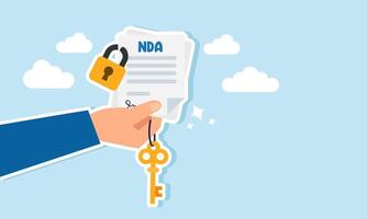 A hand holding an NDA agreement paper locked with a key, illustration of the solution for collaboration agreements requiring data confidentiality vector