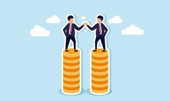 Two businessmen shaking hands on a stack of coins, illustration of an agreement between investors to invest in a profitable and attractive business vector