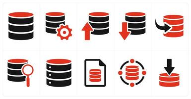 A set of 10 mix icons as database server, server settings, upload server vector