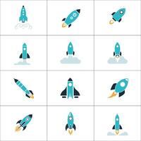 A set of blue rocket icons with various designs, including flames, clouds, and different angles. Blue Rocket Icons Launch Success Startup Design vector