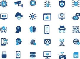 A set of 28 Cybersecurity Technology Icons Digital Protection Security. measures, including locks, shields, brains, network connections, security cameras vector