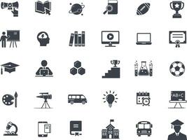 A collection of 30 black and white education icons depicting various aspects of education, including graduation, learning, school, and knowledge. vector