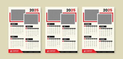 Modern abstract vertical 3 pages wall calendar template for 2025 with accurate date format and two cover photo placeholder vector