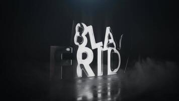 Black Friday Metallic with Ground Fog 4K Loop features a metallic black Friday text spinning into view with a reflected surface with ground fog crawling across the floor. video